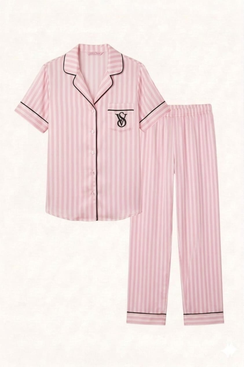 Pyjama Satin Rayé Rose Demi Manche