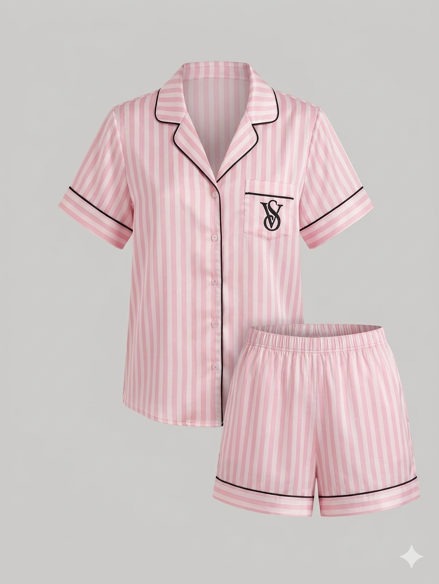 Pyjama Satin Rayé Rose Short