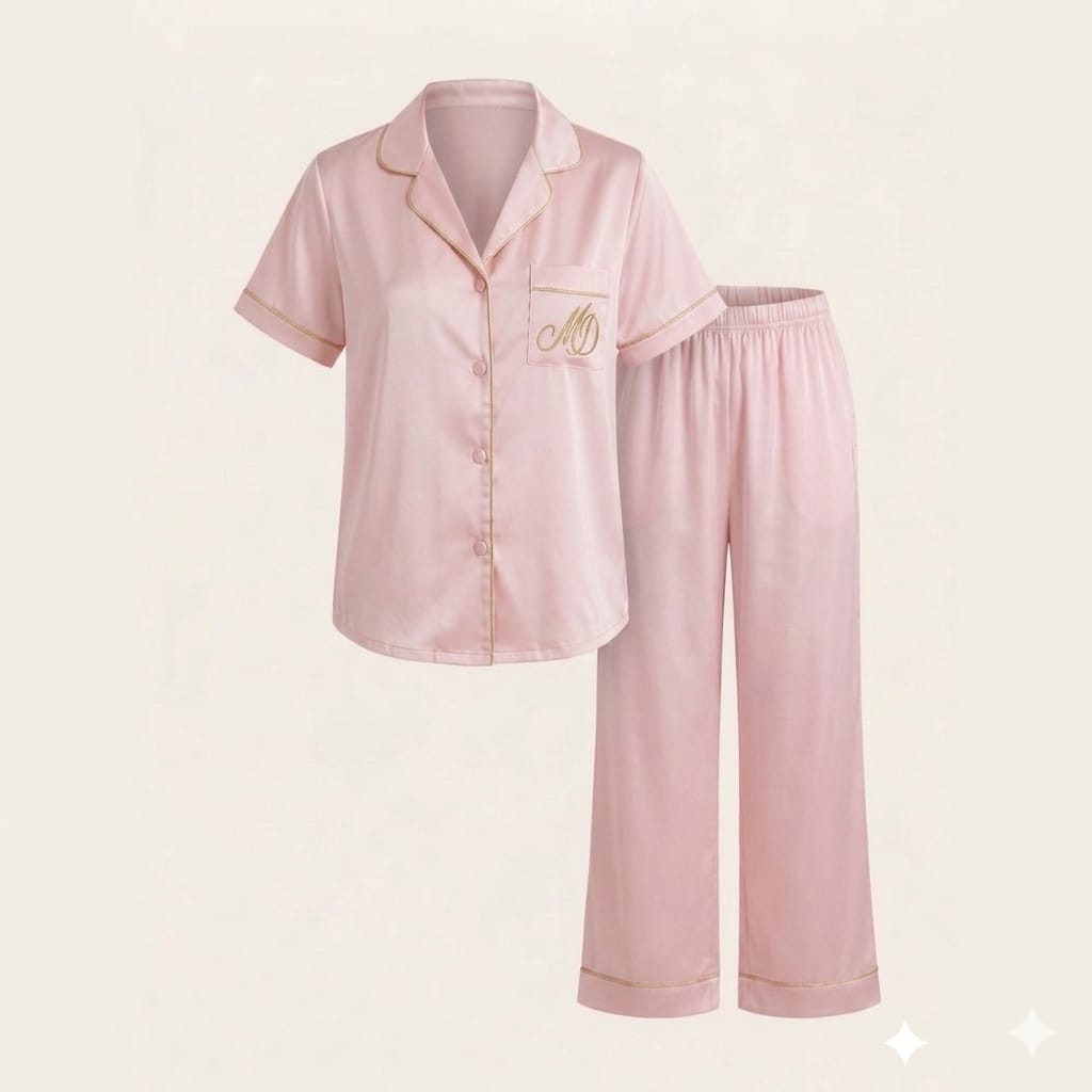 Pyjama Satin Maison Douce Demi Manche Rose bébé