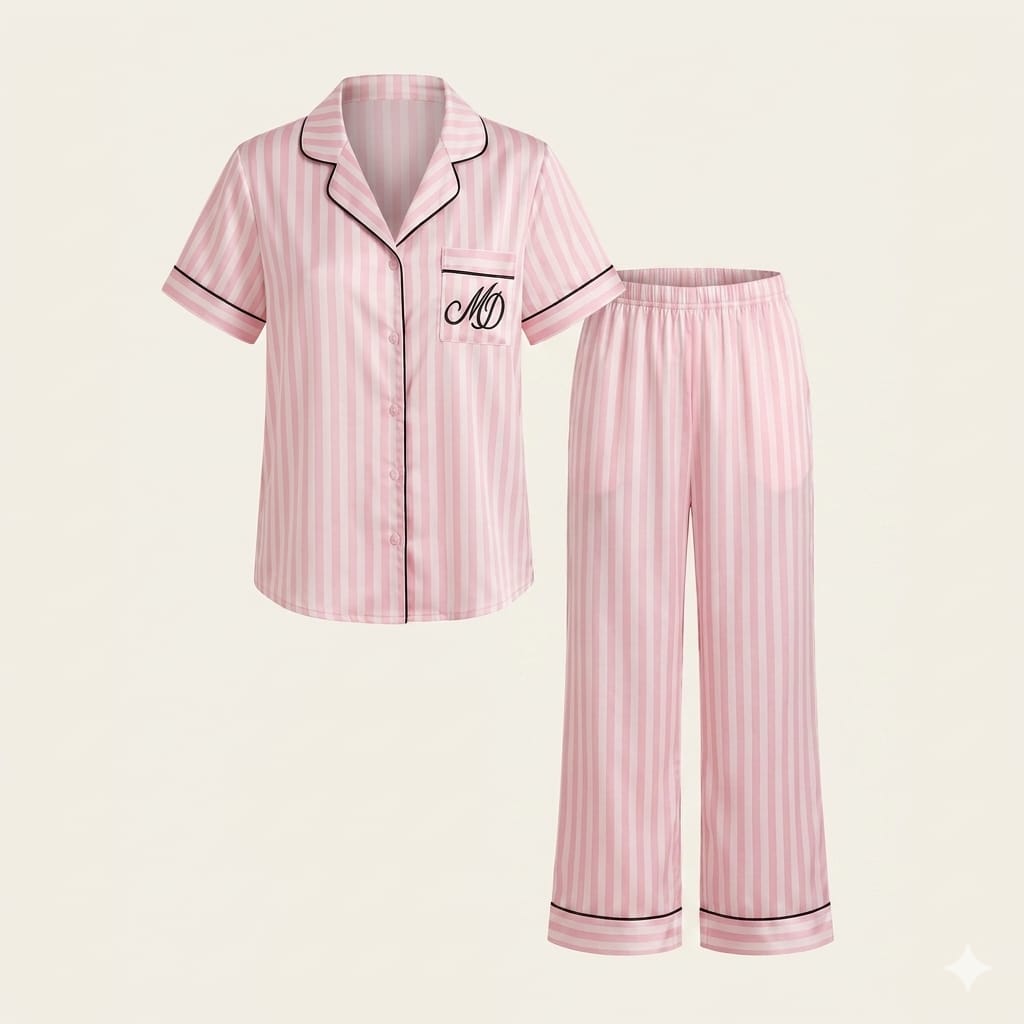 Pyjama Satin Maison Douce Demi Manche Rose Rayé