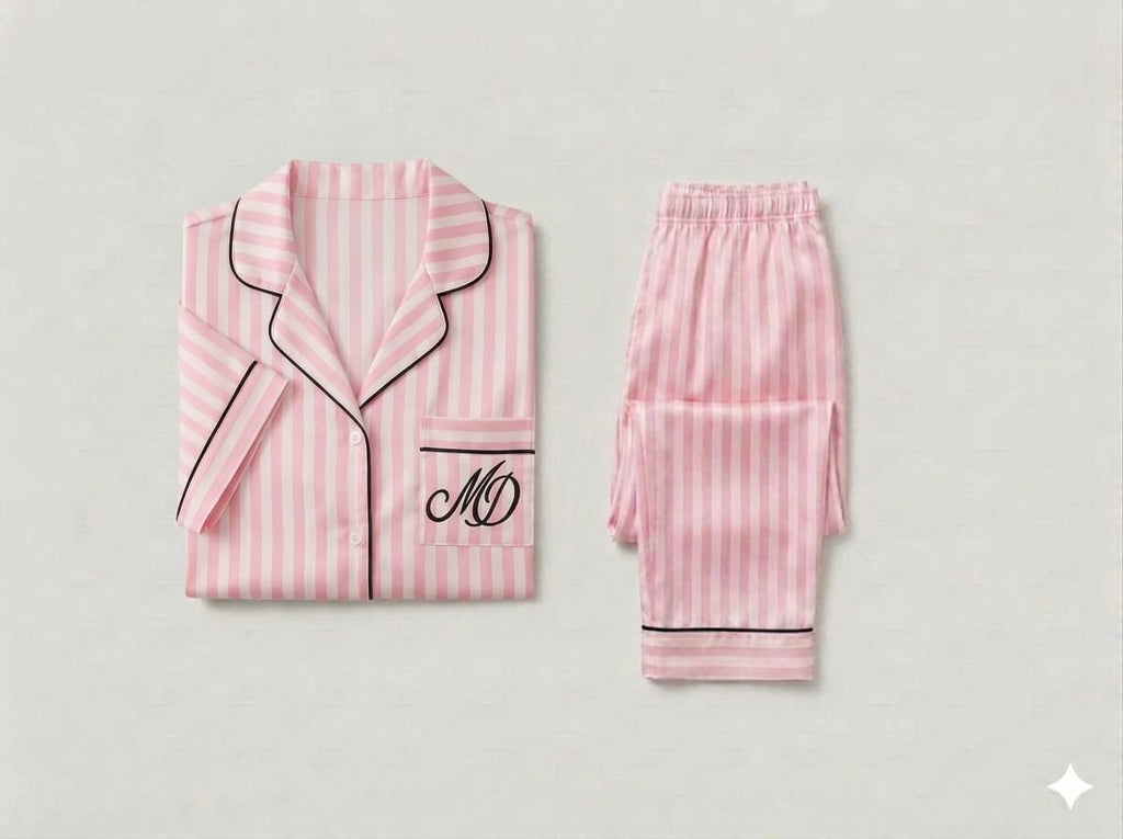 Pyjama Satin Maison Douce Demi Manche Rose Rayé