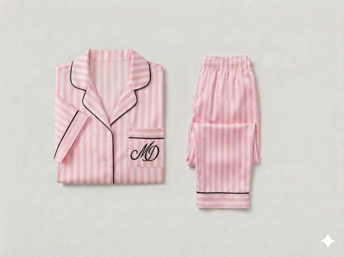 Pyjama Satin Maison Douce Demi Manche Rose Rayé