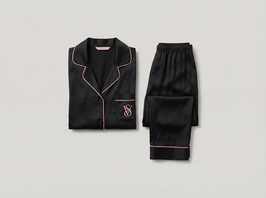 Pyjama Satin Noir et Rose