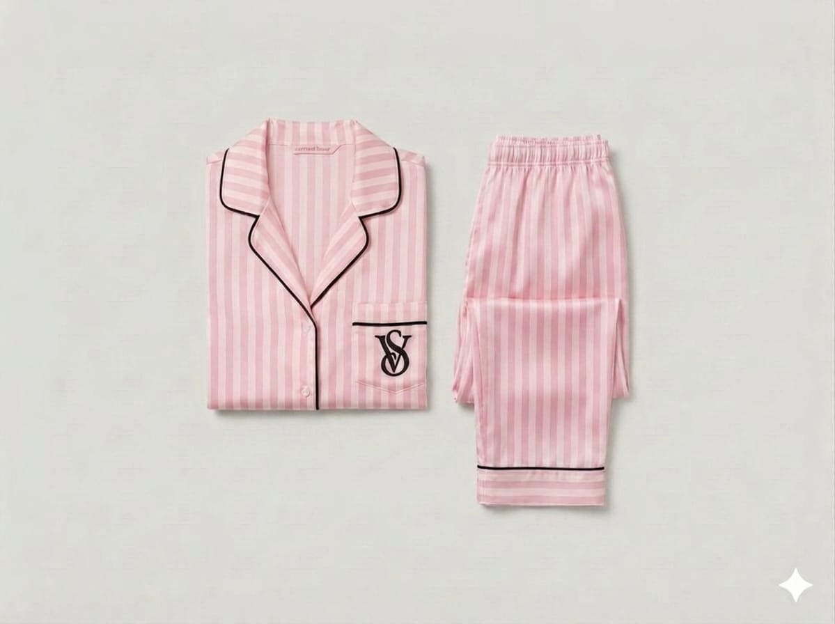 Pyjama Satin Rayé Rose Demi Manche