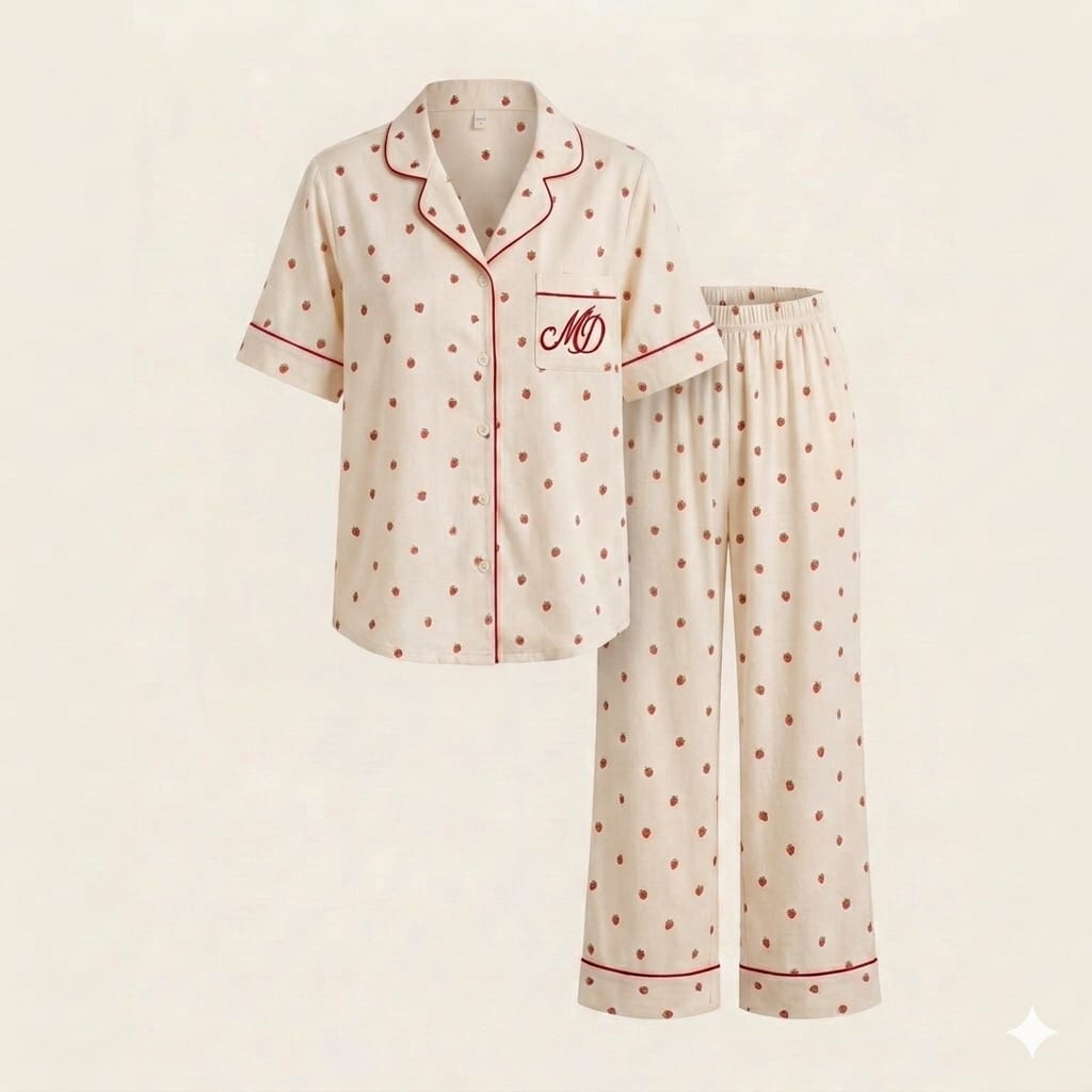 Pyjama Satin Maison Douce Demi Manche Fraise