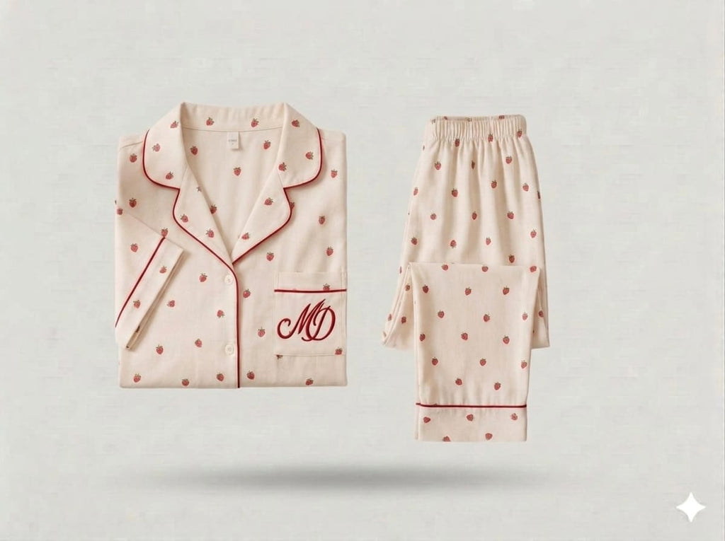 Pyjama Satin Maison Douce Demi Manche Fraise