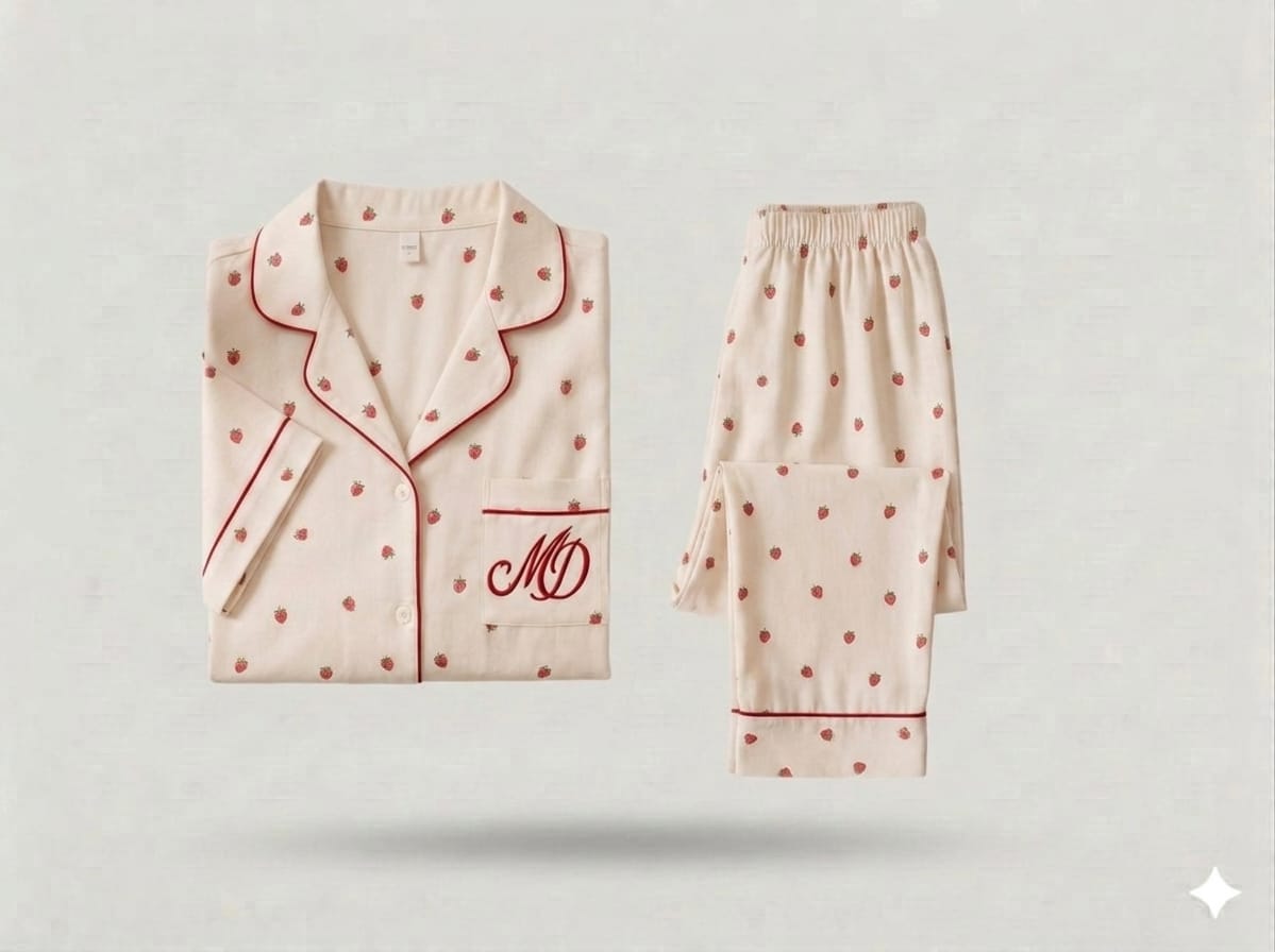 Pyjama Satin Maison Douce Demi Manche Fraise